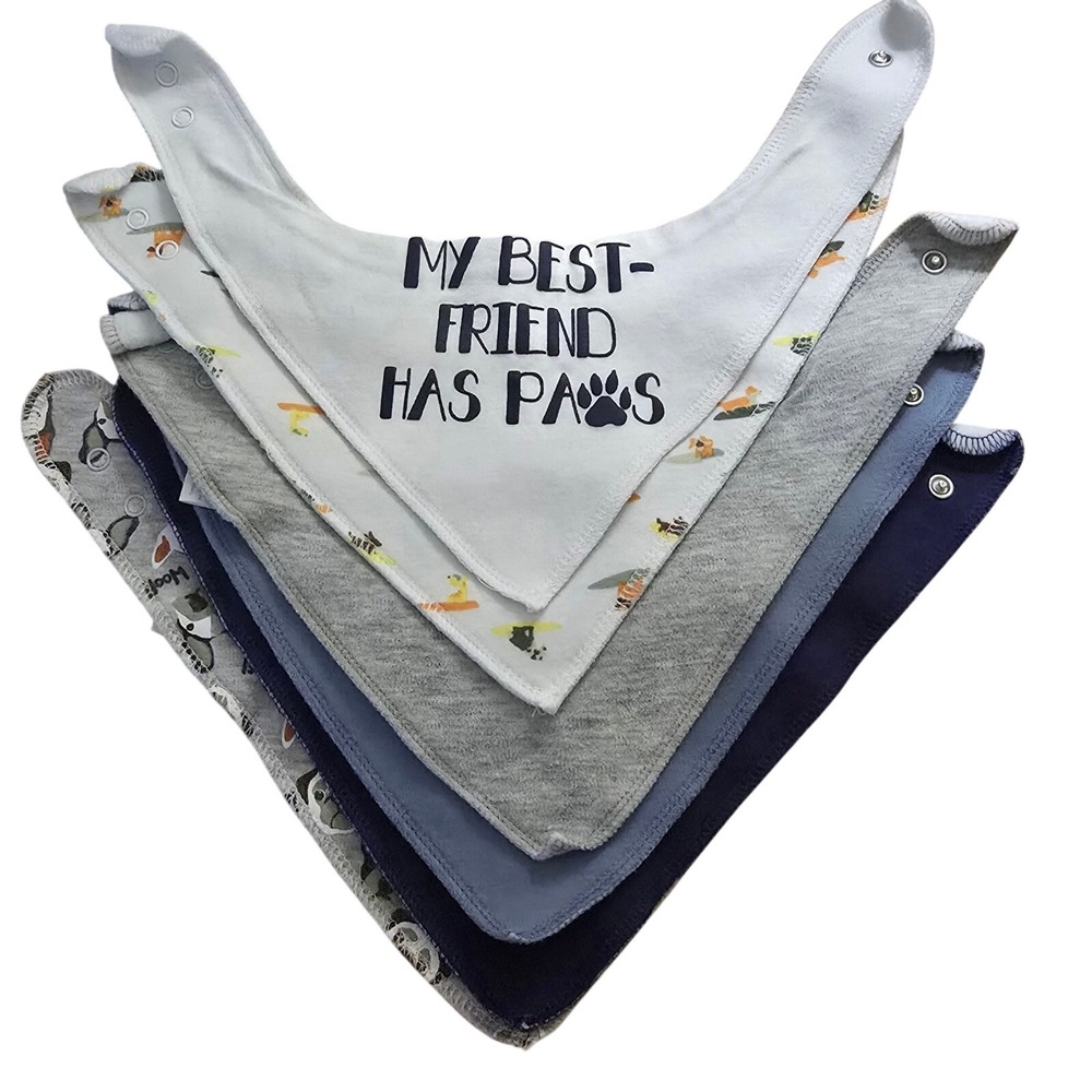 Modern Baby Bandana Bibs Set of 6 Dog Theme Blue Grey White Cotton Blend Snaps